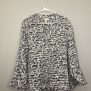 Chico's Black and White Writing all over Bell Sleeve Blouse